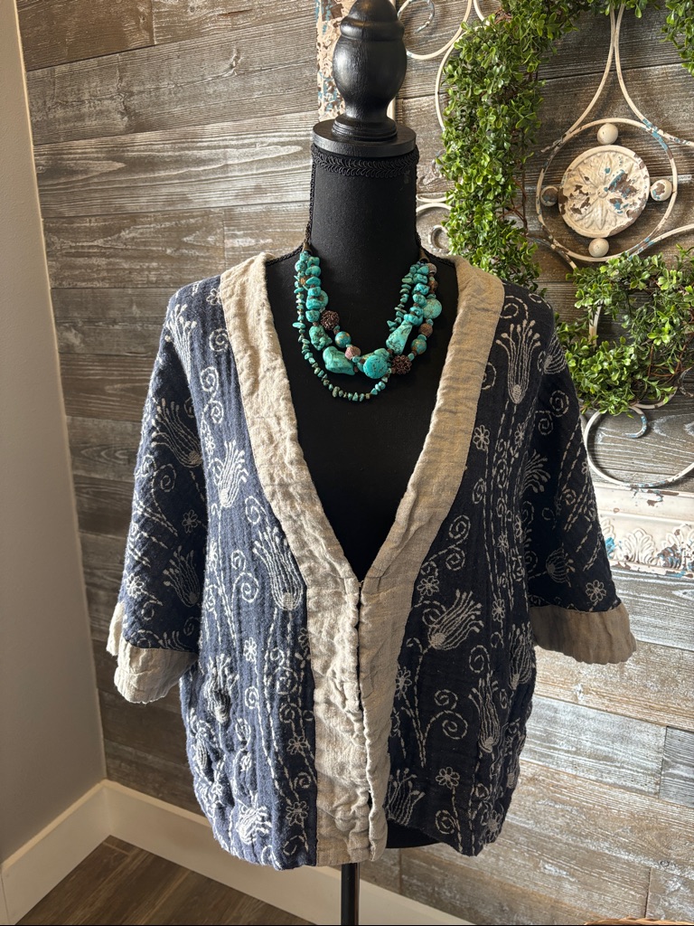 Kuvita (Size M) Boho Floral Open Cardigan Jacket - Natural Fibers 100% Linen